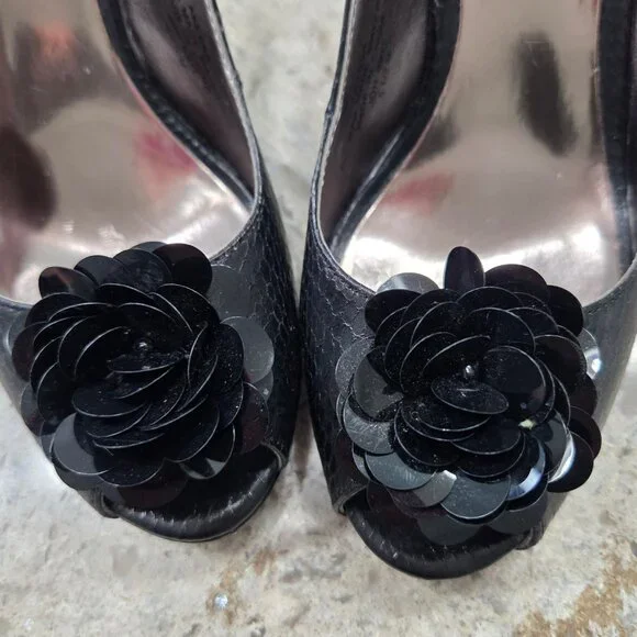 AK Anne Klein Black Slingback Heels Peep Toe Floral Platform Pumps - Picture 6 of 12